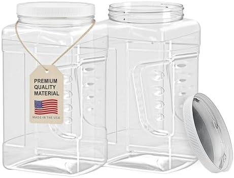 ljdeals 1 Gallon Clear Plastic Storage Containers Grip Jars, Wide Mouth Square Canisters, Pack of 2, BPA Free, Food Safe, Made in USA