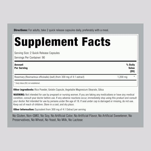 Piping Rock Rosemary Leaves | 180 Capsules | Herbal Leaf Extract Supplement | Non-GMO, Gluten Free