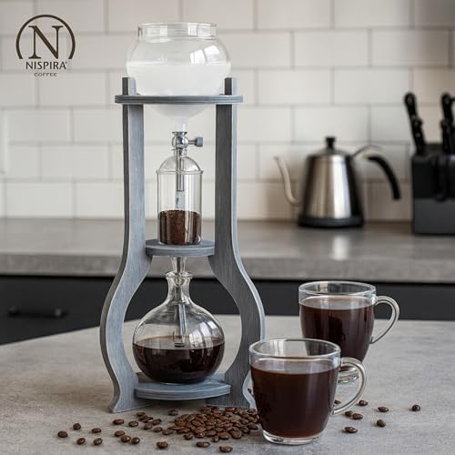 Nispira Iced Coffee Cold Brew Drip Tower Coffee Maker, 6–8 Cup Manual Cold Brew Brewer with Adjustable Valve, Wooden Frame & Glassware, Slow Cold Extraction System