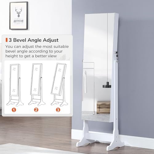 GISSAR Jewelry Organizer Full Length Mirror Jewelry Cabinet Standing/Wall/Hanging Door Jewelry Armoire Storage with Lights, Lockable, White