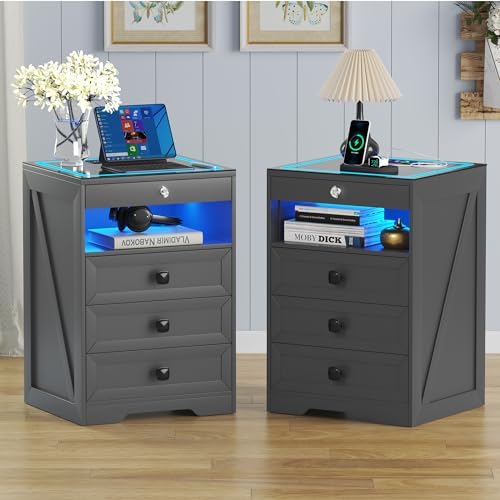 Lvifur LED Nightstand with Lockable Gun Drawer and Human Sensor, Black | USB & Type-C Charging Station, 3 Dimmable Lights, Adjustable Brightness, 3 Drawers, Farmhouse Style, Human Body Induction