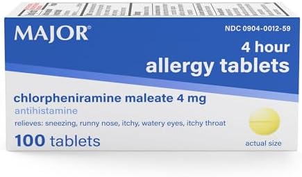 Major 4 Mg Allergy Tablets - Chlorpheniramine Maleate 4-Hour Allergy Medicine - Antihistamine for Relief of Sneezing, Itchy Watery Eyes, Itchy Throat