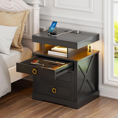 Lockable Night Stand with Gun Drawer,Charging Station,LED Lights,White | LED Nightstand with Charging Station,Farmhouse Bedside Table with 3-Color Light,End Table with 3 Drawers,Bedroom