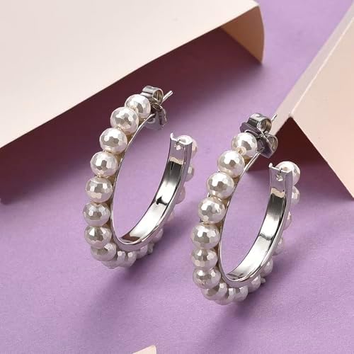 Shop LC Faceted White Shell Pearl Hoop Earrings in Stainless Steel