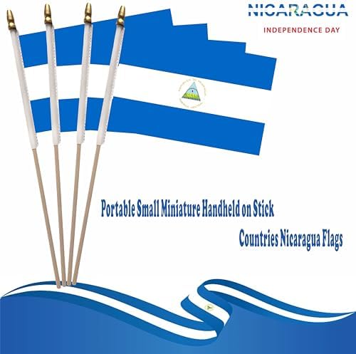 NJ & NJBW 20 Pack Small Mini Nicaragua Flag on Wooden Stick - 5 x 8inch Miniature Portable Handheld Pole Nicaraguan Flags Decorations