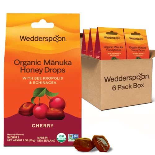 Wedderspoon Organic Manuka Honey Drops, Honey & Echinacea, 20 Count | USDA Organic | Genuine New Zealand Honey, Natural Remedy for Dry Throat | USDA Organic, Genuine New Zealand Honey, Natural Remedy for Dry Throat
