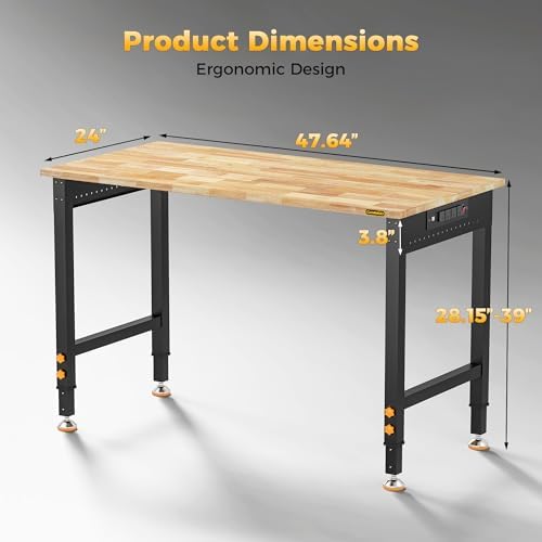 CAMMOO 48" Adjustable Workbench with 2000 LBS Load Capacity & Power Strip | ETL 4 Outlets 2 USB Ports, Level Height 28"-39", Carbon Steel Frame