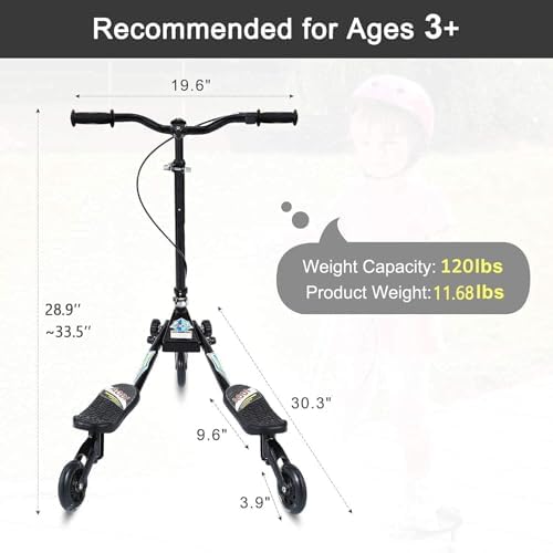 Swing Scooter for Kids, 3 Wheels Foldable Wiggle Kick Scooter Push Drifting with 4 Adjustable Handlebar & 2 Rear LED Wheel for Boys and Girls Ages 3-8