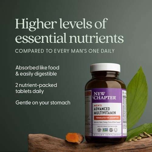 New Chapter Men's Multivitamin Advanced Formula for Stress, Brain, Immune, Heart & Energy Support, Higher Levels of Whole-Food Fermented Essential Nutrients for Men + Selenium + B Vitamins, 120 ct