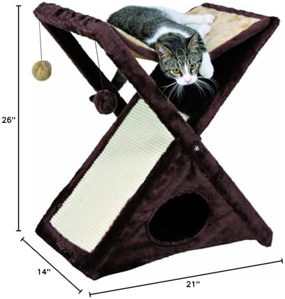 TRIXIE Miguel Fold and Store Cat Hammock, Indoor Cat Furniture with Dangling Toys, Scratching Pad, and Cave, Taupe/Light Gray