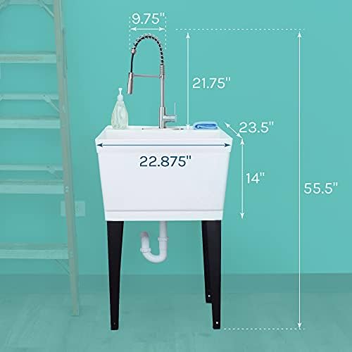 Utility Sink Extra-Deep Laundry Tub in White with High-Arc Stainless Steel Coil Pull-Down Sprayer Faucet, Integrated Supply Lines, P-Trap Kit