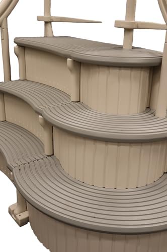 Confer Plastics Curved Drop-in Inground Pool Step 3 Tread Stair Entry System w/ 2 Handrails & Adjustable Mounting Brackets - Base Step, Grey Treads