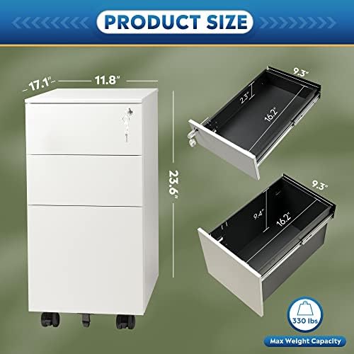 DEVAISE 3 Drawer Mobile File Cabinet with Lock, Under Desk Metal Filing Cabinet for Home Office/Legal/Letter/A4 File, Fully Assembled Except Wheels, Black