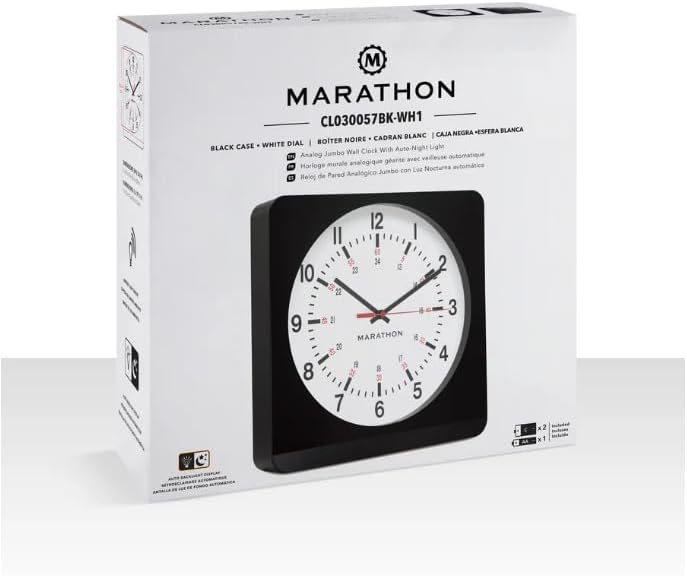 MARATHON Jumbo 12 Inch Analog Wall Clock with Warm Amber Auto Backlight, Silent Smooth Sweep (Black Case/White Dial - Commercial Edition)