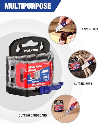 WORKPRO Utility Knife Blades, 100-Pack SK5 Steel Blades with Dispenser | Premium Steel Standard Blades for Box Cutter, Ideal for Cardboard, Leather, Carpet, Rope, Soft Metal, Pipe, etc