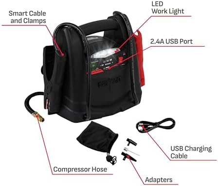 Schumacher Electric 1200A Lithium Car Battery Jump Starter and Power Station, 4-in-1 Solution, 150-PSI Air Compressor, 2.4A USB Charging