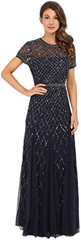 Adrianna Papell Womens Short-Sleeve Grid Beaded Gown