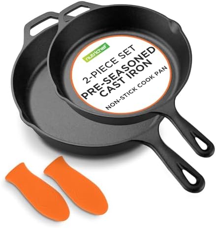 NutriChef 10 Inch Cast Iron Skillet with Lid - Pre-Seasoned Small Fry Pan with Side Drip Spout and Silicone Handle