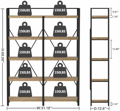 FATORRI Bookshelf, 5 Tier Industrial, 51 Inch Wide 69 Inch Tall Etagere Bookcase