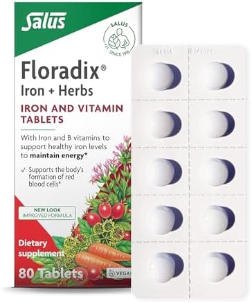 Floradix Iron Tablets - Iron Supplement with B Vitamins, Folic Acid, Vitamin C & More - Energy Support - Vegetarian & Gluten-Free - 80 Tablets (80 Servings)