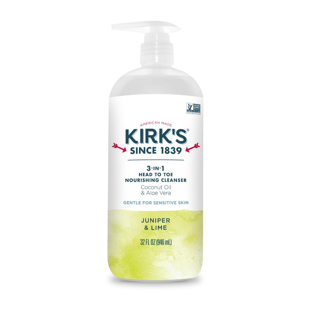 Kirk's Juniper & Lime​ 3-in-1 Nourishing Cleanser, Shampoo Body Wash Bubble Bath, Coconut Oil and Aloe Vera, Vegan Non-GMO, 32 Fl Oz