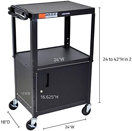 Luxor Multipurpose Adjustable Height Steel A/V Utility Cart with Cabinet - Black