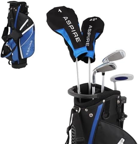Aspire Junior Plus - Kids Complete Golf Club Set | Aircraft-Grade Aluminum, 15% Larger Clubhead, 7 Iron & Pitching Wedge, Progressive Flex Shafts, Rain Hood, 2 Headcovers
