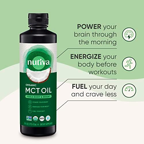 Nutiva Organic MCT Oil, Unflavored, 32 Oz, USDA Organic, Non-GMO, Non-BPA, Whole 30 Approved, Vegan, Gluten-Free & Keto, 14g MCT per Serving & Neutral Flavor for Energy Boost to Coffee, Shakes and Salads