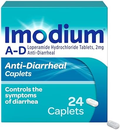 Imodium A-D Diarrhea Relief Caplets, 2mg Loperamide Hydrochloride, 24 Ct | Help Control Symptoms of Diarrhea, Due to Acute Traveler's Diarrhea, for Kids 6+ and Adults