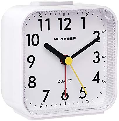 Peakeep Small Battery Operated Analog Travel Alarm Clock Silent | No Ticking, Lighted on Demand and Snooze, Beep Sounds, Gentle Wake, Ascending Alarm, Easy Set (Black)