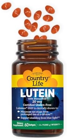 Country Life Lutein 20 mg Supplement - Certified Gluten-Free - Eye Health Support with Lutein and Zeaxanthin - Reduces Eye Strain from Screens - No