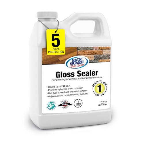 Rainguard Clear Gloss Sealer, Wet Look Water Based Silicone Acrylic Waterproofer for Concrete, Wood, Brick, Stone & Masonry Surfaces, Ready to Use, 1 Gallon | Water Based Silicone Acrylic For Wood, Brick, Stone & Masonry Surfaces, Ready To Use For Pavers…