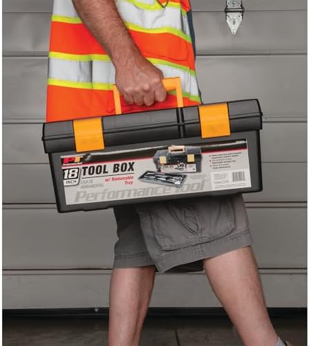Performance Tool W54026 26 in. Steel Tool Box with Removable Tote | Heavy duty steel storage box and organizer. Recessed ergonomic comfort handle. Strong double latch with padlock eyehole