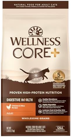 Wellness CORE+ Adult Dry Cat Food, Natural, Wholesome Grains Kibble, Digestive Health Chicken and Rice Recipe, 5 lb Bag