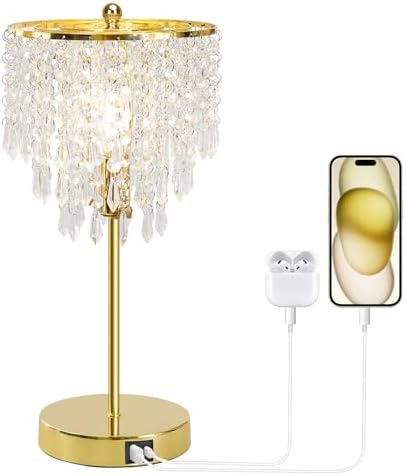 Touch Control Crystal Table Lamp with USB C+A Charging Ports, 3-Way Dimmable Bedside Touch Lamp Decorative Nightstand Lamp with Elegant Lampshade for Living Room Bedroom, B11 LED Bulb Included