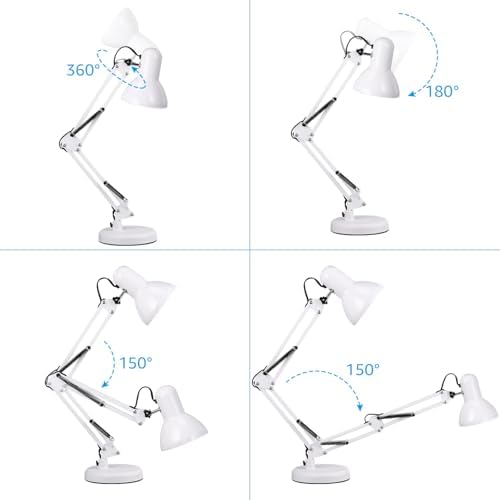 TORCHSTAR Metal Desk Lamp, Adjustable Swing Arm, E26, Black | Architect Gooseneck Multi-Joint Clip Table Lamp with Plastic Clamp, for Home Office, Work, Study, Reading, Bulbs not Included