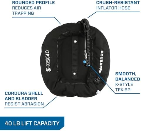 SCUBAPRO S-Tek Pro System for Technical Scuba Diving, Harness with Back Plate in Stainless Steel, Donut Wing 40 lbs/18kg, Includes Black Color Kit