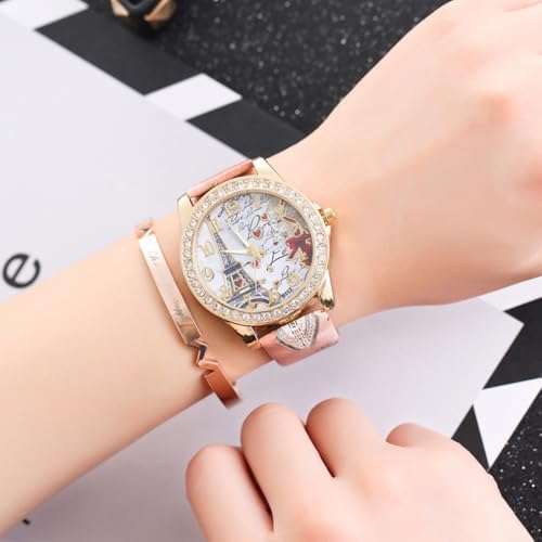 Wholesale PU Leather Strap Watch Mother Day Gift Bling Rhinestone Accented Eiffel Tower Ladies Women Watches