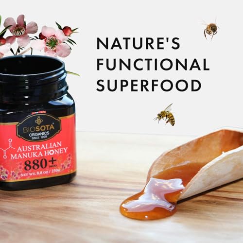 BIOSOTA Organic Manuka Honey MGO 800+ - Medical Grade Manuka Honey from Australia, 100% Raw Unheated Pure Honey, 8.8oz (800+) (MGO 800+)
