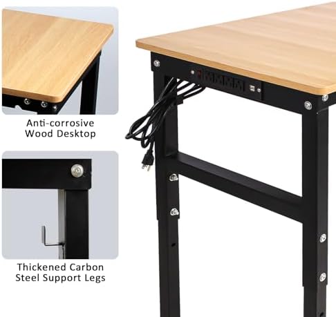 48'' Adjustable Workbench with Power Outlet, Work Table for Garage, 2000 Lbs Capacity Hardwood Workbench
