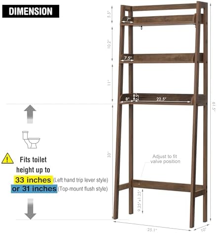UTEX Over The Toilet Storage Shelf, 3-Tier Bathroom Organizer, White | FSC-Certified MDF, Open Ladder Design, Adjustable Lower Crossbar, Anti-tip Hardware, 33-Inch Clearance, Raised Side Guards