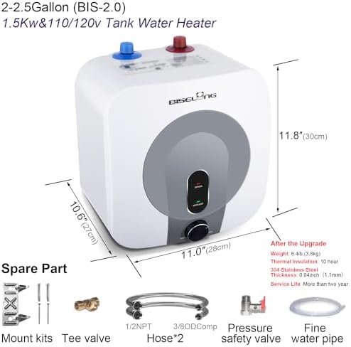110V-120V 1440-1500W Small Under Sink Tank 2.5 Gallon Water Heater Hot Storage, Mini Instant Electric RV TR Trailer Kitchen Compact