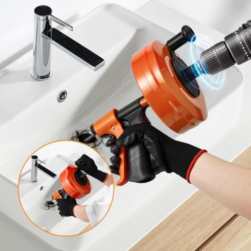 50 FT Drain Auger/Snake with Auto-Feed, Heavy Duty Plumbing Snake | Drill-Compatible Sewer Snake Tool & Flexible Steel Cable