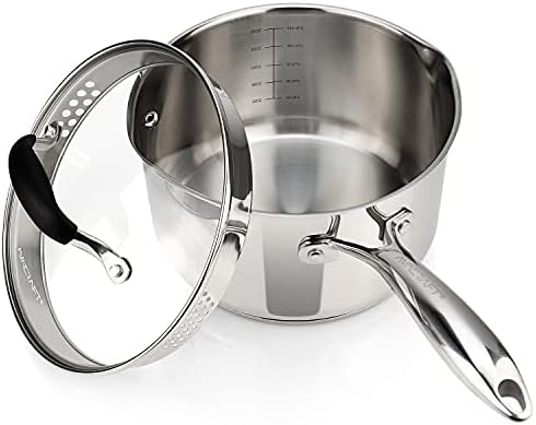 AVACRAFT 2.5 Quart Stainless Steel Saucepan with Glass Strainer Lid | 18/10 Stainless Steel, 5-Ply Capsule Base, Dual Pour Spouts, Induction Compatible, Ergonomic Handle, Dishwasher Safe