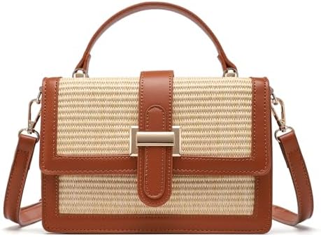 Straw Crossbody Bag, Vegan Leather Patchwork Summer Purse with Top Handle, Small Woven Bag for Beach & Wedding
