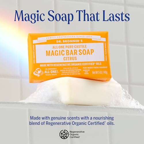 Dr. Bronner's Pure-Castile Magic Soap Bar (Citrus, 5 oz, 6-Pack)- Bath Soap with Regenerative Organic Certified Oils - For Face, Body & Hair - Gentle, Vegan - Bars for Men & Women