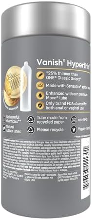 ONE® Vanish® Hyperthin® Condoms | Vegan-Friendly Ultra-Thin Latex Condoms | Non-GMO | Natural Rubber Latex | 12-Pack