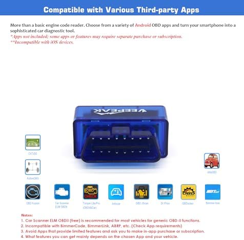 Veepeak Mini Bluetooth OBD2 Scanner Code Reader for Android (NOT for iOS) | Incompatible with iPhone or iPad. Check engine light diagnostics & live