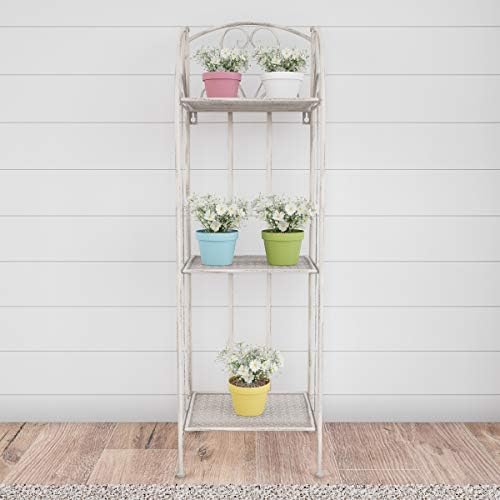 Plant Stand 3-Tier Vertical Shelf Indoor or Outdoor Folding Wrought Iron Home Garden Display with Laser Cut Shelves by Pure Garden (Antique White)