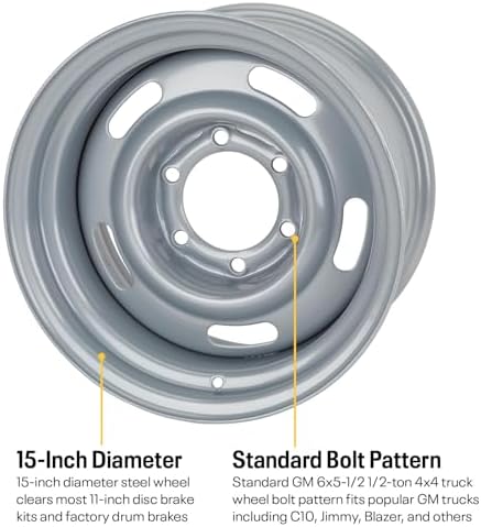 Speedway Motors 15 Inch GM Rally Truck Wheel, 6 on 5.5 Inch Bolt Pattern, Silver Painted Steel Rim, 8 Inch Width, Classic 5-Slot Design